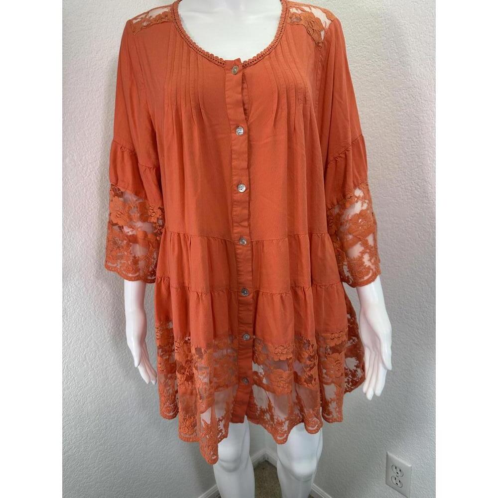 Sz 18W Roamans Orange Tiered Lace Boho Blouse Bell Sleeve Romantic Beachy